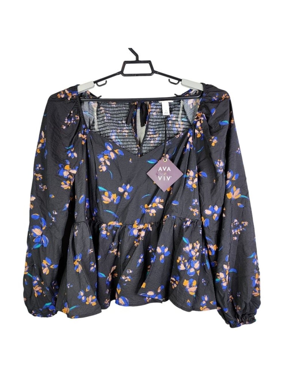 Womens Ava & Viv Black Floral Sweetheart Peplum Top Long Sleeve Plus Size 1X